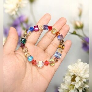 Colorful Crystal Cube Bracelet | 8mm Crystal Glass Cubes & Bicones | Stretch